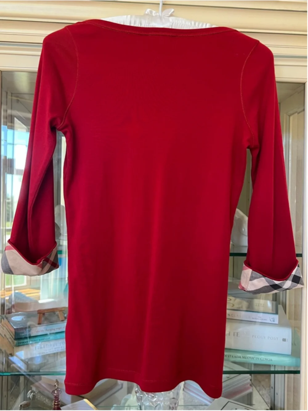 New Burberry Brit Red Long Sleeve Tee with Plaid Cuffs M - Picture 5 of 9
